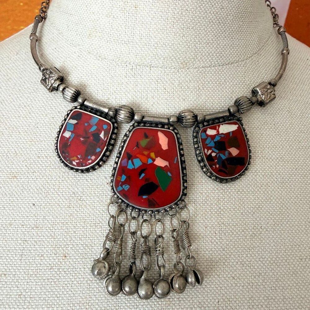 Vintage Afghan Kuchi  Mosaic Statement Necklace with Dangling Bells
